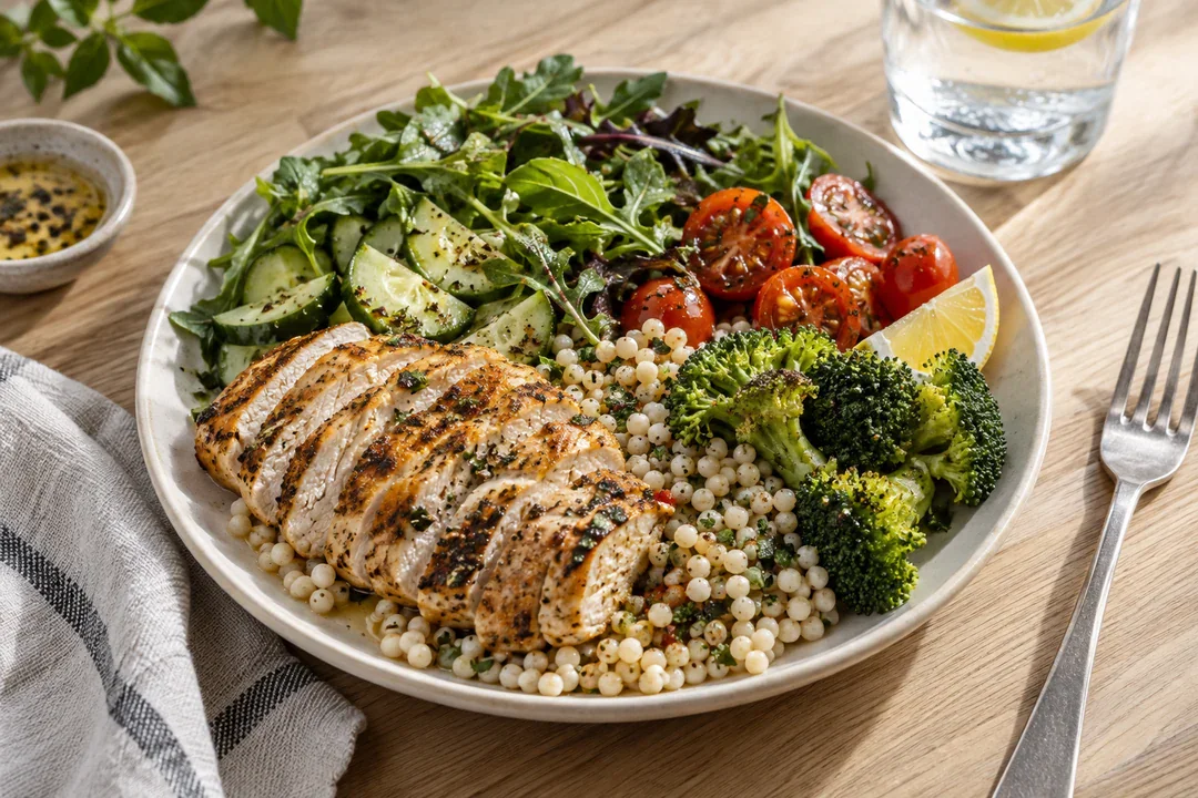 Farfurie cu pui la grătar, couscous și legume proaspete