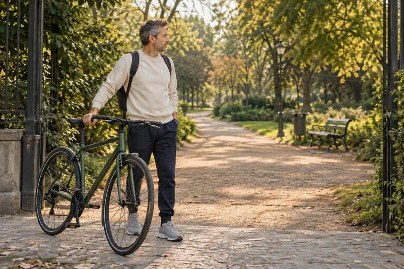 Bărbat lângă o bicicletă la intrarea într-un parc.