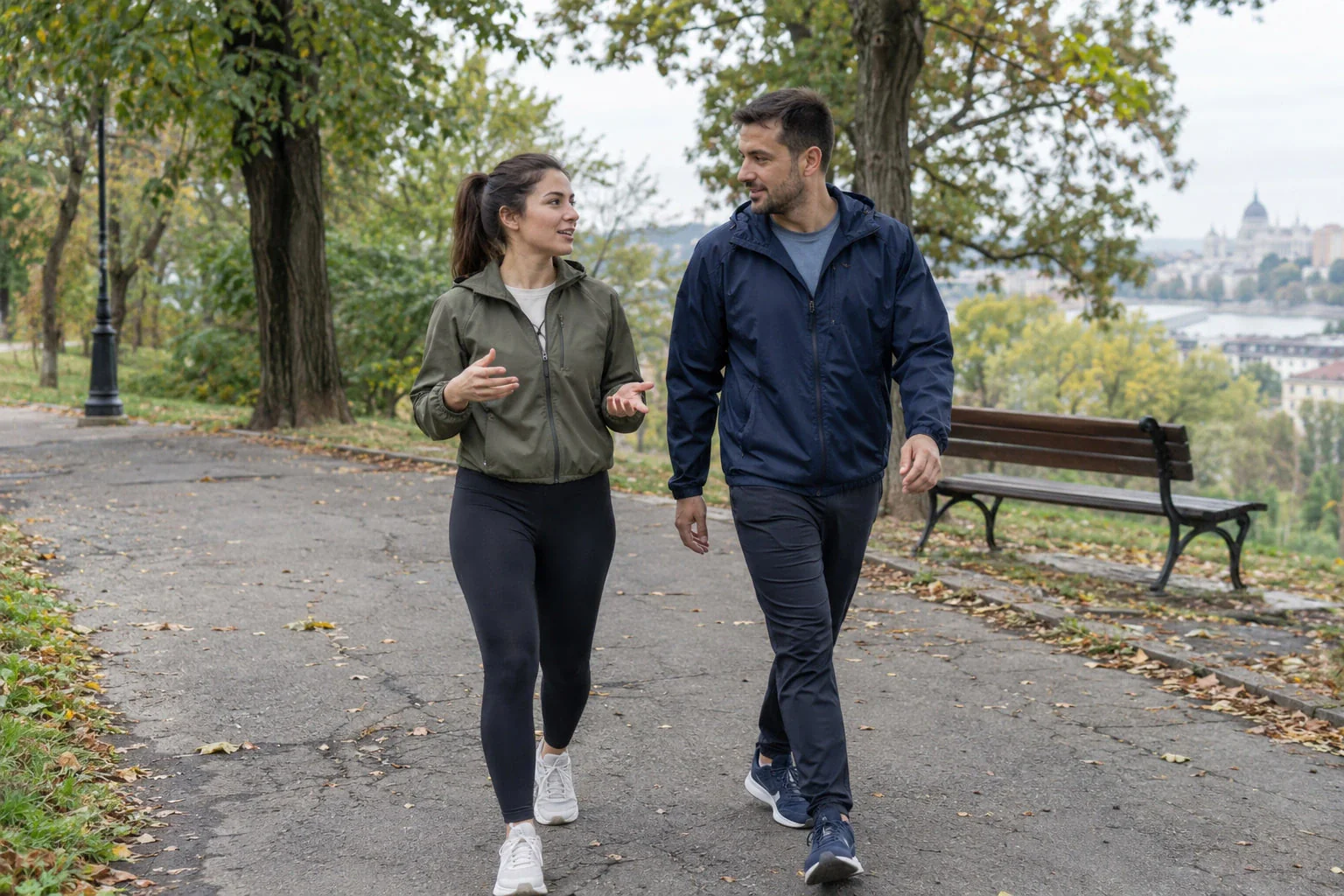 Doi adulți merg și discută pe o alee de parc.