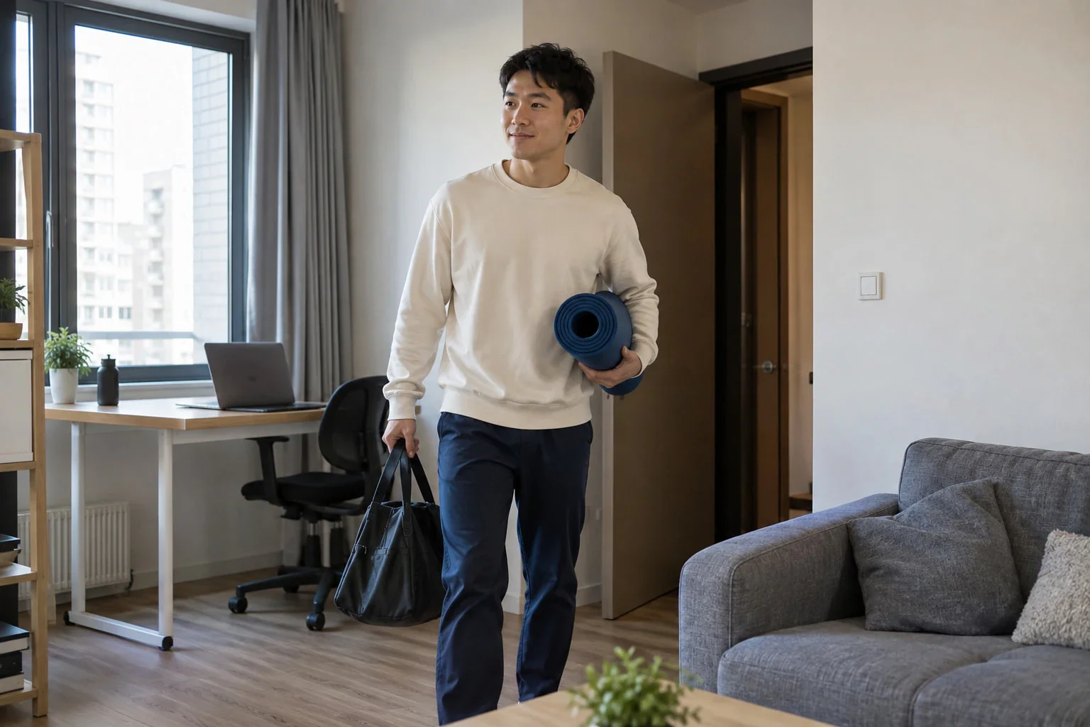 Un tânăr își pregătește salteaua și geanta de sport în apartament.