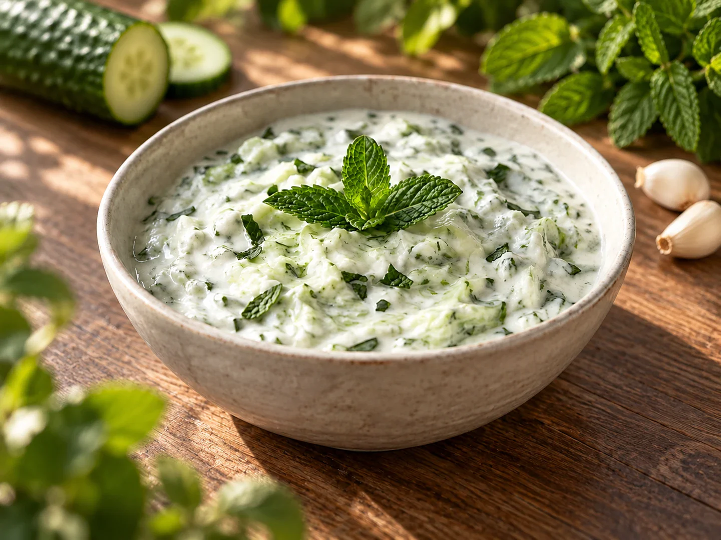 Tzatziki cu castravete ras și mentă.