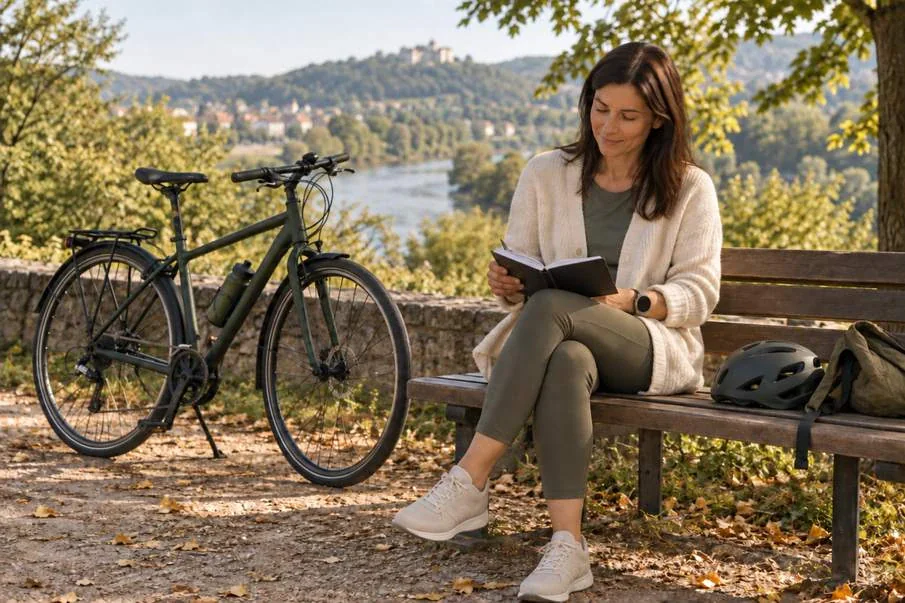 Femeie citind un carnet pe o bancă lângă bicicletă și cască.